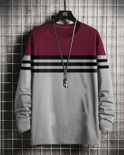 Cotton Men T-Shirt - Size L, M, XL | Maroon and Grey, Full Sleeve Round Neck Design