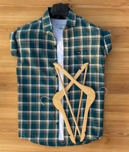 Dark Green Cotton Collar Neck Full Sleeves Casual Daily Wear Mens Checks Shirt Collar Style: Straight