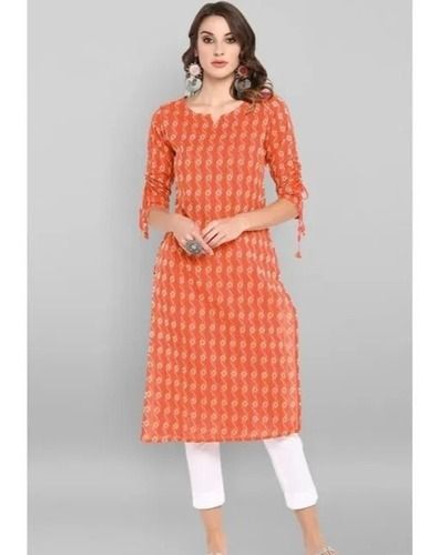 Pack Of 1 Orange Colour Medium Size Printed Solid Comfortable And Breathable Cotton Kurti Decoration Material: Sequins