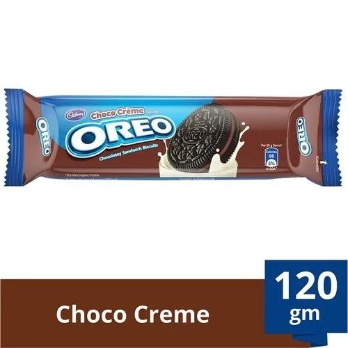 120 ग्राम पैक साइज ब्लैक राउंड ओरियो चॉकलेट क्रीम बिस्किट 
