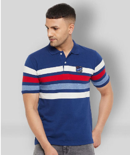 Cotton Blue And White Check Causal Wear Short Sleeves V Neck Collar Men T Shirts