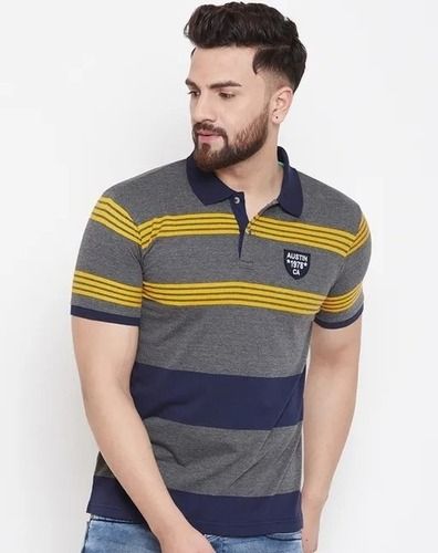 Cotton Grey And Blue Check Causal Wear Short Sleeves V Neck Collar Men T Shirts