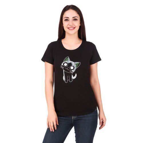 Ladies Light Weight And Half Sleeve Fashionable Breathable Cat Print T Shirt