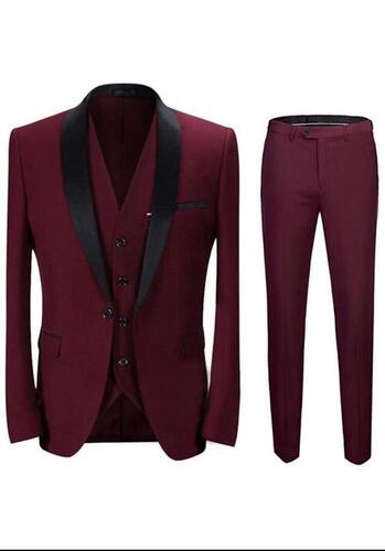 Polyester For Mens, Maroon Shade Party Wear Comfortable And Breathable Three Piece Suit 