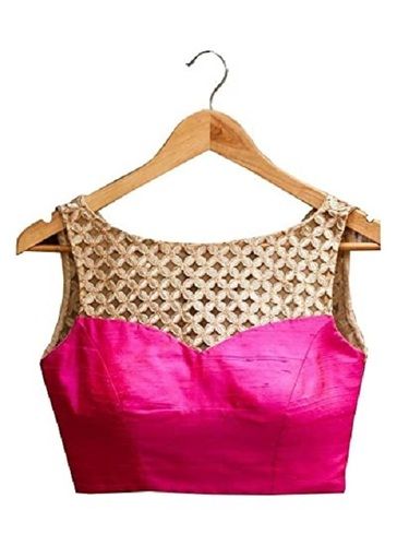 Women Party Wear Sleeveless Lightweight Round Neck Plain Silk Pink And Gold Blouse 