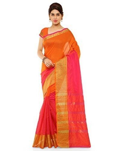 Women'S Stylish Light In Weight Skin Friendly Cotton Fabric Orange Saree