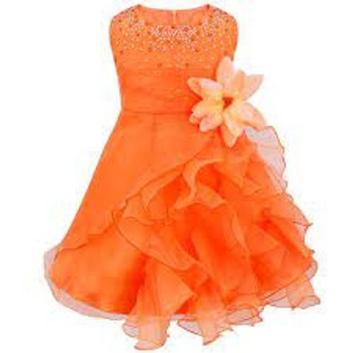 Baby Girl'S Stylish And Modern Printed Sleeveless Silk Orange Frocks