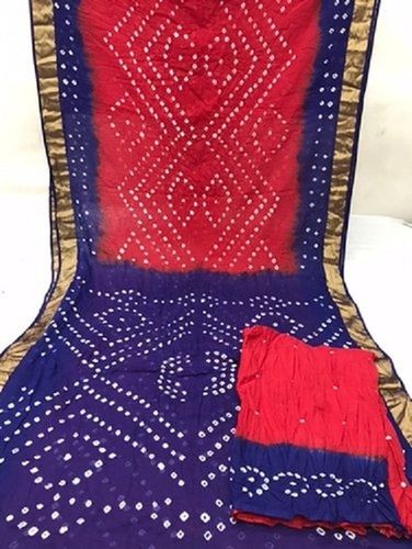 Cotton Blue And Red Printed Party Wear Fancy Decorative Silk With Blouse Fashionable Bandhani Saree