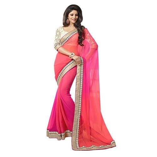 Ladies Beautiful Stylish Skin Friendly Designer Pink And Golden Saree 