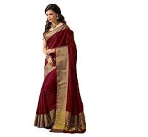 Breathable Elegant Look Lightweight Comfortable Traditional Maroon And Golden Cotton Saree