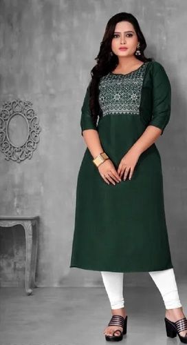 Silk White And Green Full Sleeves Round Neck Plain Ladies Cotton Kurti