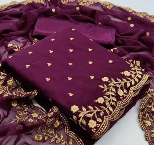 Indian Designer And Stylish Embroidery Purple Cotton Unstitched Ladies Suit 