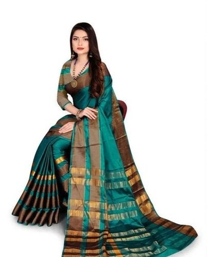 Plain Green And Brown Party Wear Cotton Silk Designer Striped Traditional Saree