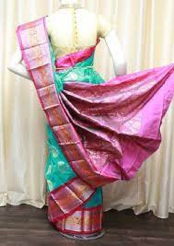 Banarasi Art Silk Saree - Cotton Silk Fabric, Printed Pattern, Green and Pink Colors | Lightweight, Easy to Wear, Ideal for Traditional Celebrations
