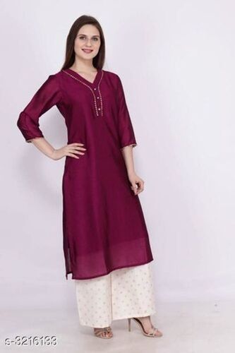 Casual Wear 3/4th Sleeve Breathable Fashionable Brown Silk Kurti