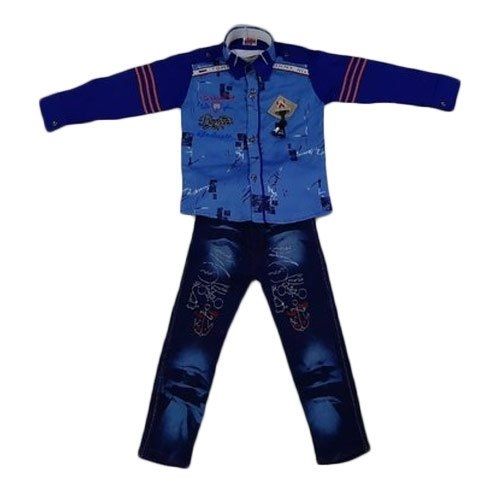 Children Party Wear Full Sleeves Straight Collar Blue Shirt And Blue Denim Jeans Set 