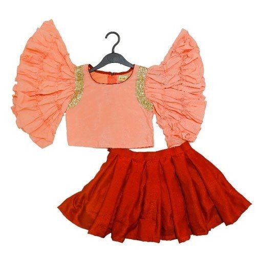 Children Party Wear Round Neck Floral Sleeves Fancy Pink Top With Red Skirt