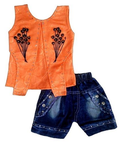 Children Summer Wear Round Neck Sleeveless Fancy Orange Top With Blue Jeans