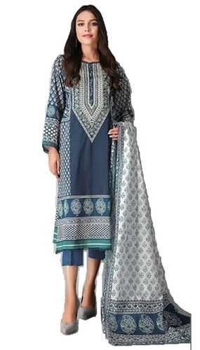 Full Sleeve Pure Cotton Formal Daily Wear Embroidered Ethnic Printed Blue Kurti And Pants Decoration Material: Feather