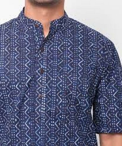 Men Half Sleeve Comfortable And Light Weight Cotton Blue Printed Kurta 