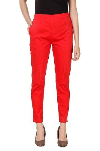 Women Red Cotton Solid Cropped Cigarette Trousers  NEUDIS