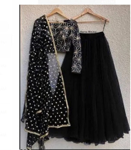 Black Sequins Skirts With Off Shoulder Satin Blouse And Scallop Dupatta Fancy Lehenga Decoration Material: Lace