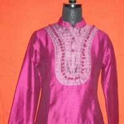 Quick Dry Cool And Comfortable Full Sleeves Embroidered Collar Neck Pink Color Ladies Kurtis