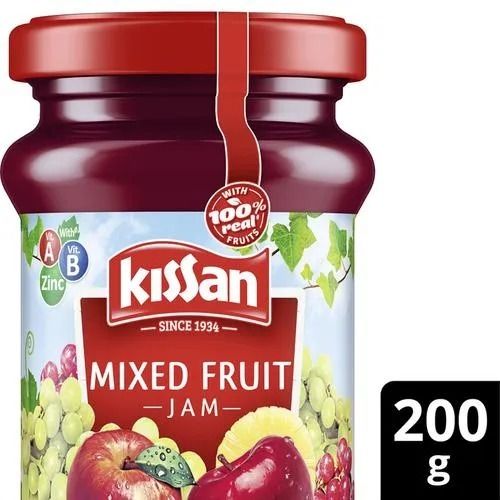 Round 200G Weight Glass Bottle Sweet Taste 100% Real Kissan Mix Fruit Jam