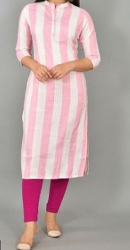 Pink And White Comfortable Breathable Casual Wear Collared Neck Stripped Cotton Kurti Bust Size: 35-36 Inch (In)