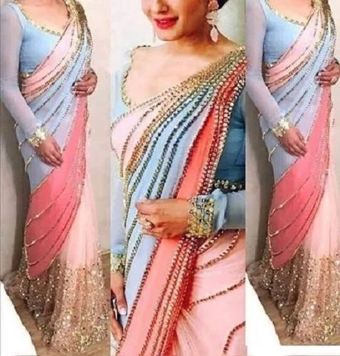 Sky Blue And Pink Sequence Party Wear Bollywood Designer Saree With Blouse Piece