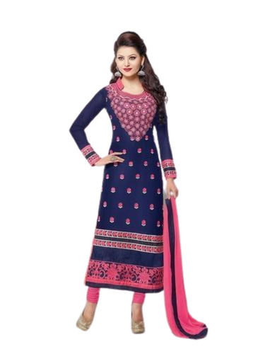 Attractive Blue And Pink Georgette Embroidered Cotton Churidar Salwar Suits Decoration Material: Laces