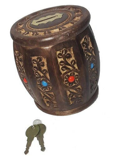 Wood Dholak Shape Money Bank Coin Box For Gifting Purposes With Polished Finish And Square Shape