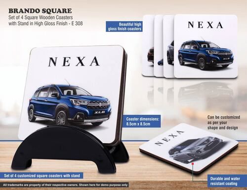 E308 A Brando Square: Set Of 4 Square Wooden Coasters With Stand In High Gloss Finish | Moq 100 Pcs