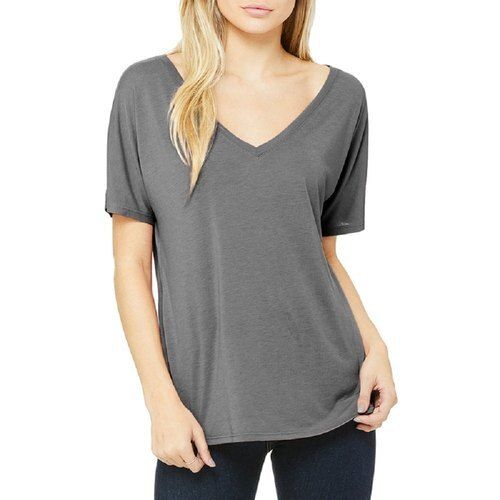 Gray Plain V Neck Half Sleeve Cotton T Shirt For Ladies 