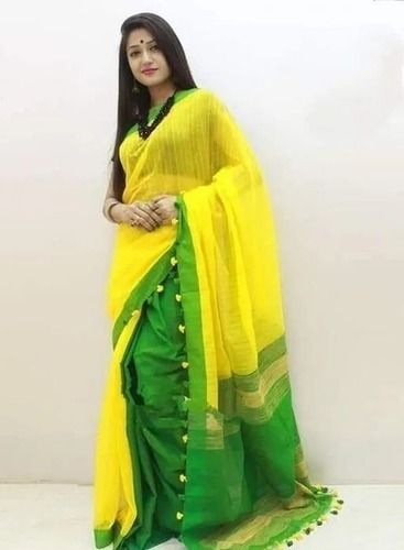 Casual  Green And Yellow Color Comfortable Lightweight Causal Wear Plain Cotton Saree