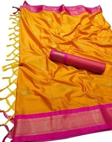 Casual  Pink And Yellow Color Comfortable And Lightweight Causal Wear Plain Cotton Ladies Saree