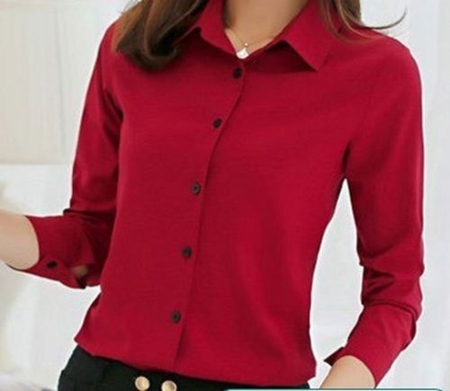 Plain Red Full Sleeves Straight Collar Causal Wear Cotton Ladies Shirt