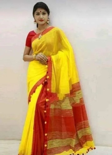 कैज़ुअल लाल और पीली आरामदायक स्टाइलिश लाइटवेट कॉज़ल वियर प्लेन कॉटन लेडीज़ साड़ी