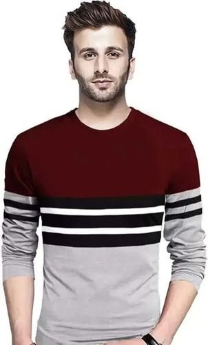 Multi Color And Stylish Round Neck Striped Solid Full Sleeves Cotton Men'S T Shirt Age Group: 15-18 Years