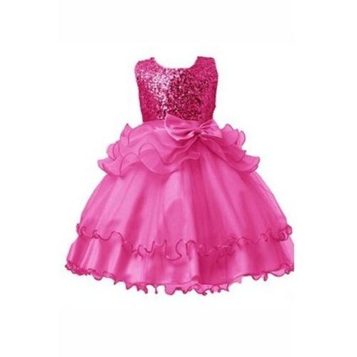 Breathable And Stylish Party Wear Pink Sleeveless Cotton Frock For Kids