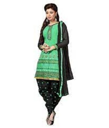 Chiffon Green And Black Casual Wear Printed Pattern Cotton Fabric Unstitched Ladies Suit