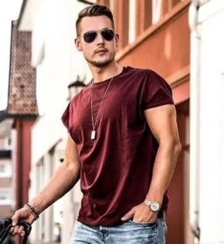 Satin Maroon Clothes Plain Short Sleeve Round Collar Casual Daily Wear Maroon Men'S T-Shirt