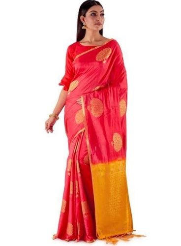 Popular Pink Yellow And Gold Color Banarasi Saree