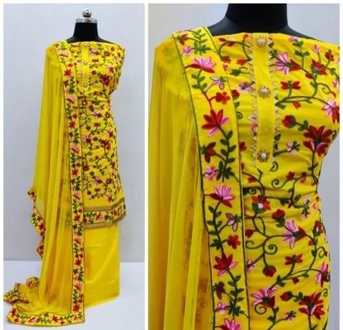 100% Pure Cotton Yellow Printed Design Embroidered Solid Unstitched Women Suit Decoration Material: Paint