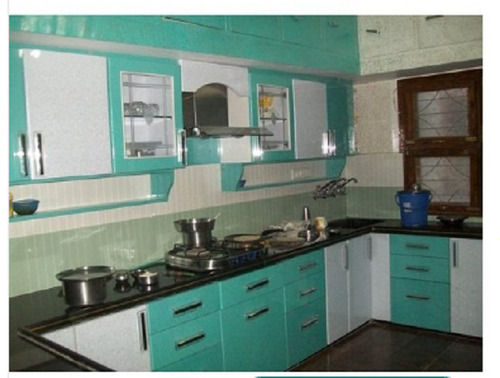 Moisture Proof White And Green Laminated Wooden Marble Slab L Shape Modern Modular Kitchen