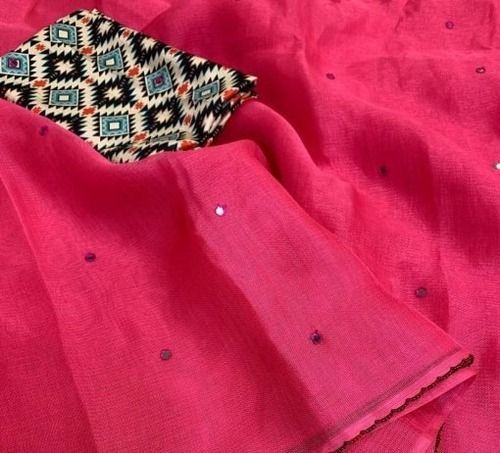 Plain Beautiful Mirror Work Pink Khadi Cotton Casual Wear Saree With Printed Blouse Piece