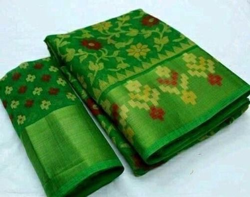 Daily Wear Comfortable And Washable Green Color Floral Print Cotton Saree For Ladies