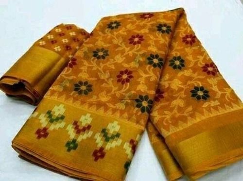 Daily Wear Comfortable And Washable Yellow Color Floral Print Cotton Saree For Ladies