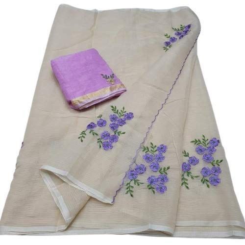 Embroidered Comfortable Hand Embroidery Cream Shade Cotton Womens Saree For Casual Wear