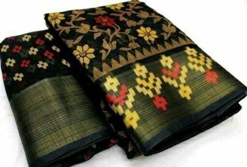 महिलाओं के लिए Organza आरामदायक और धोने योग्य काले रंग की फ्लोरल प्रिंट वाली कॉटन साड़ी